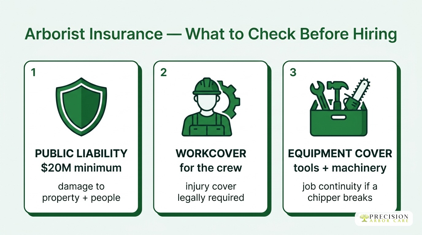 Three insurance types your arborist should carry: public liability, WorkCover, equipment cover