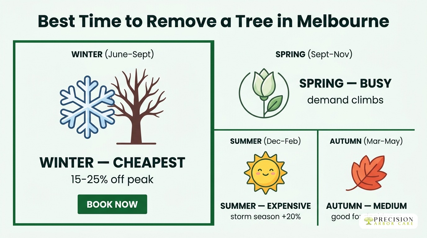 Seasonal calendar for tree removal in Melbourne — winter cheapest, summer expensive