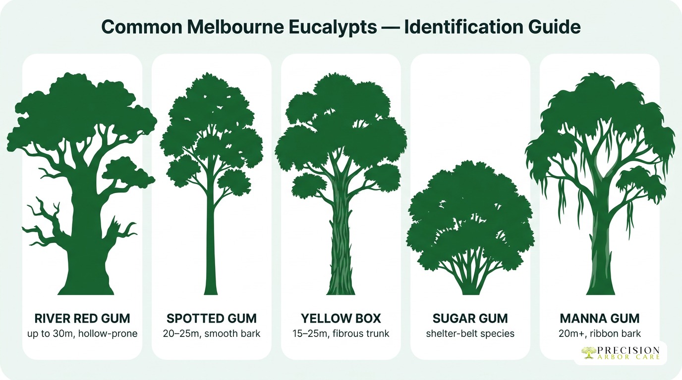 Illustration of five eucalyptus trees with different leaf types for identification in Melbourne.