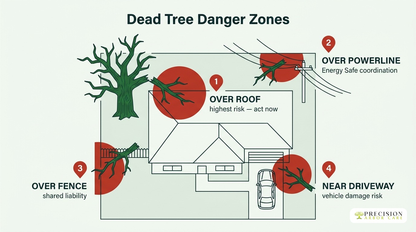 Dead tree danger zones around a house: over roof, powerline, fence, driveway
