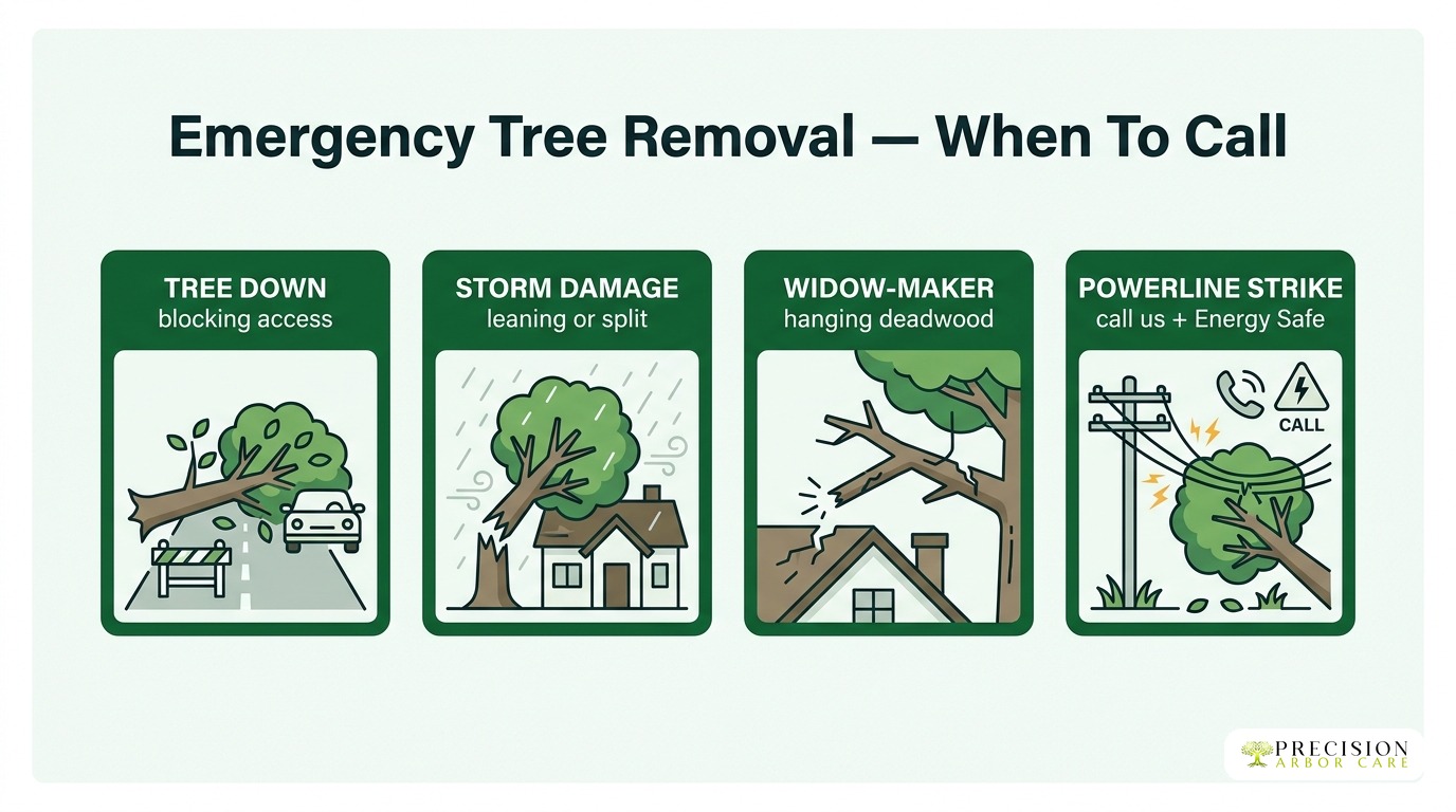 Four emergency tree removal scenarios — tree down blocking access, storm damage, widow-maker deadwood, powerline strike