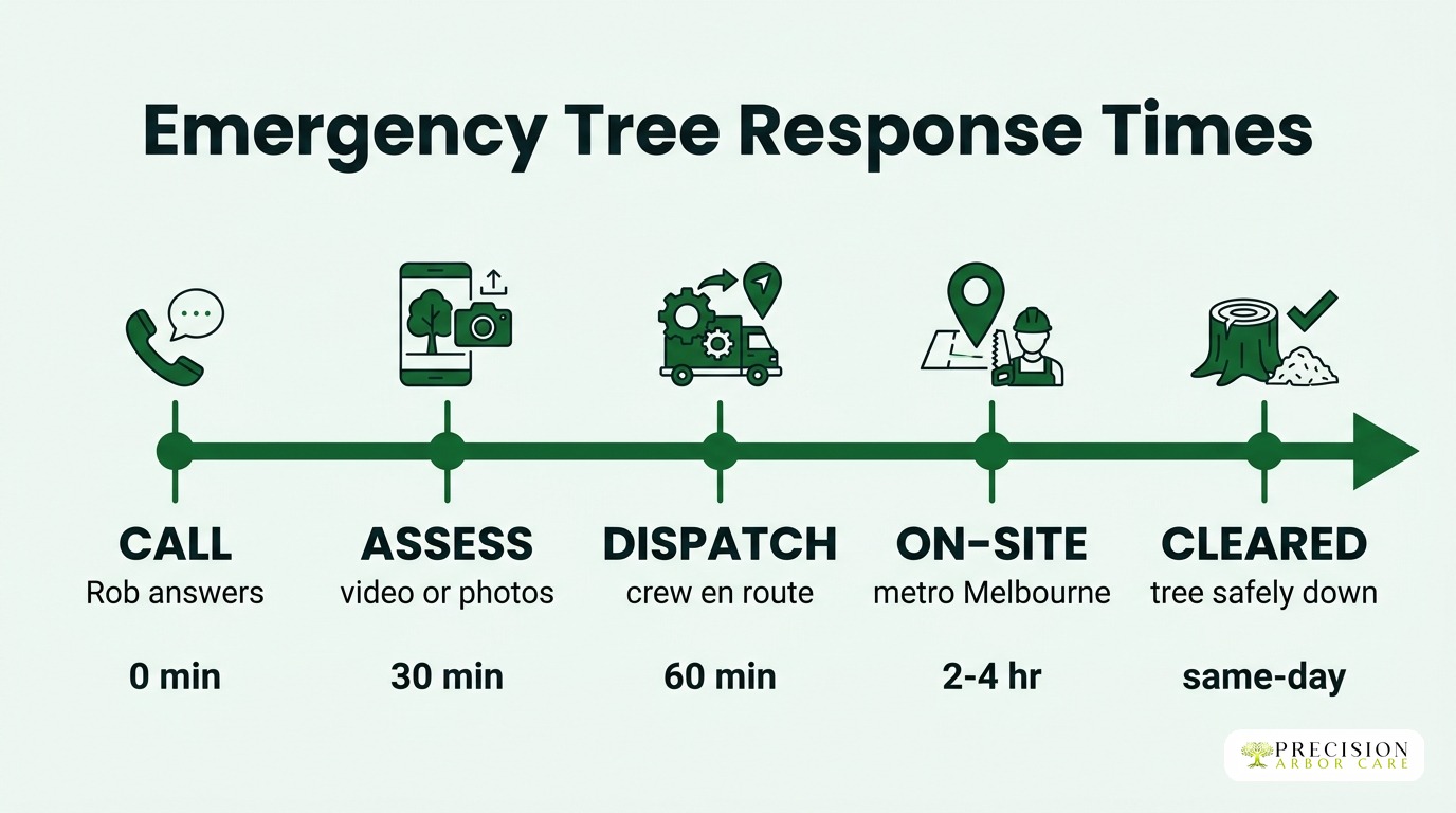 Emergency tree removal response timeline — call, assess, dispatch, on-site, cleared