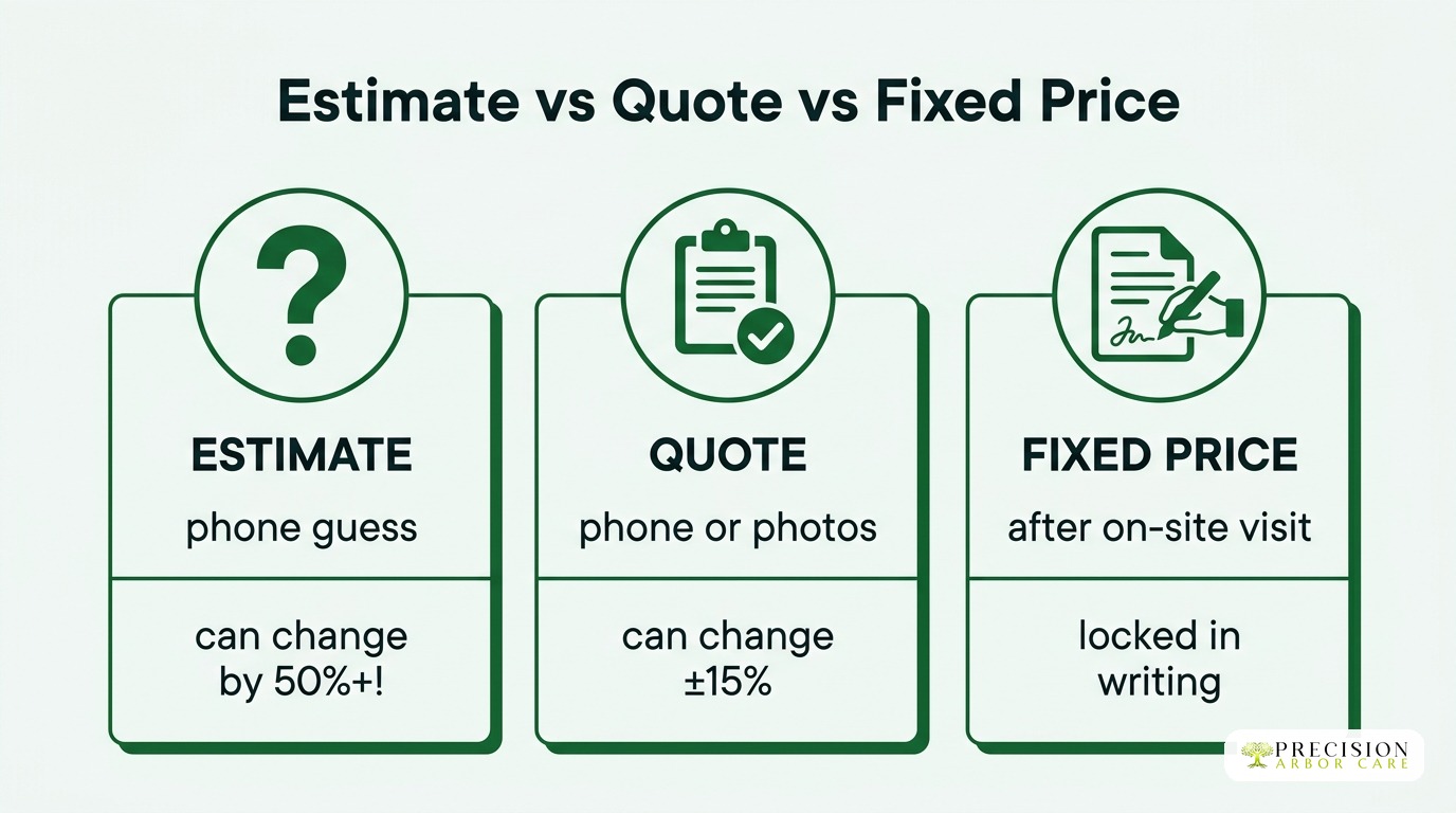 Estimate vs quote vs fixed price compared: phone guess, quote on photos, fixed price after on-site visit