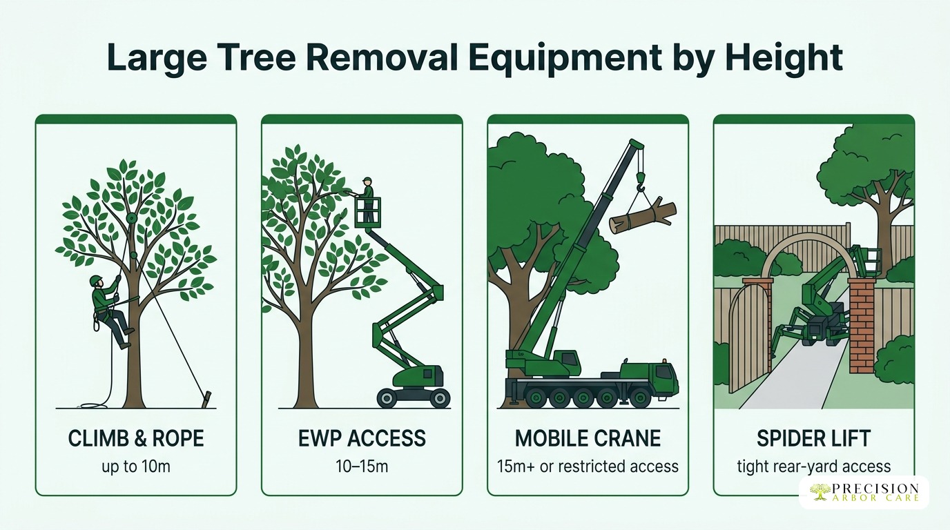 Large tree removal equipment by height: climb and rope, EWP, mobile crane, spider lift
