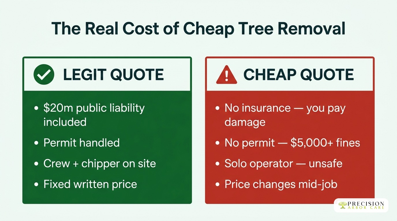 Legit tree removal quote vs cheap quote comparison — insurance, permits, crew, fixed price