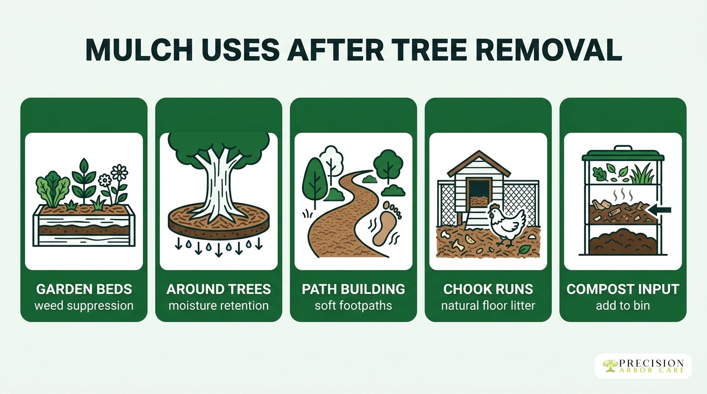 Mulch uses after tree removal — garden beds, around trees, path building, chook runs, compost