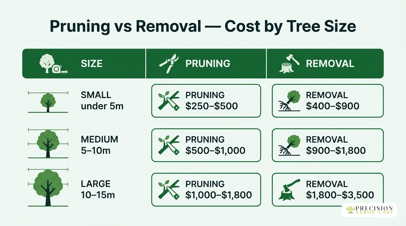 Pruning vs removal cost comparison by tree size — Melbourne 2026