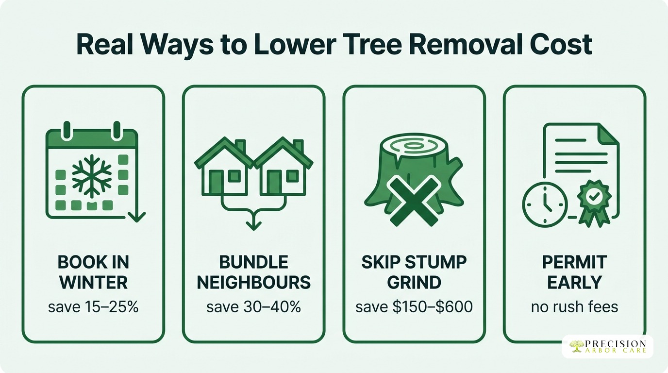 Four real ways to lower tree removal cost in Melbourne: winter, bundle, skip stump, permit early