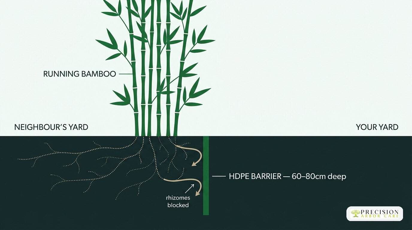 Precision Arbor Care diagram — HDPE rhizome barrier installed along a fence line between two properties, buried 60-80cm deep, blocking running bamboo rhizomes
