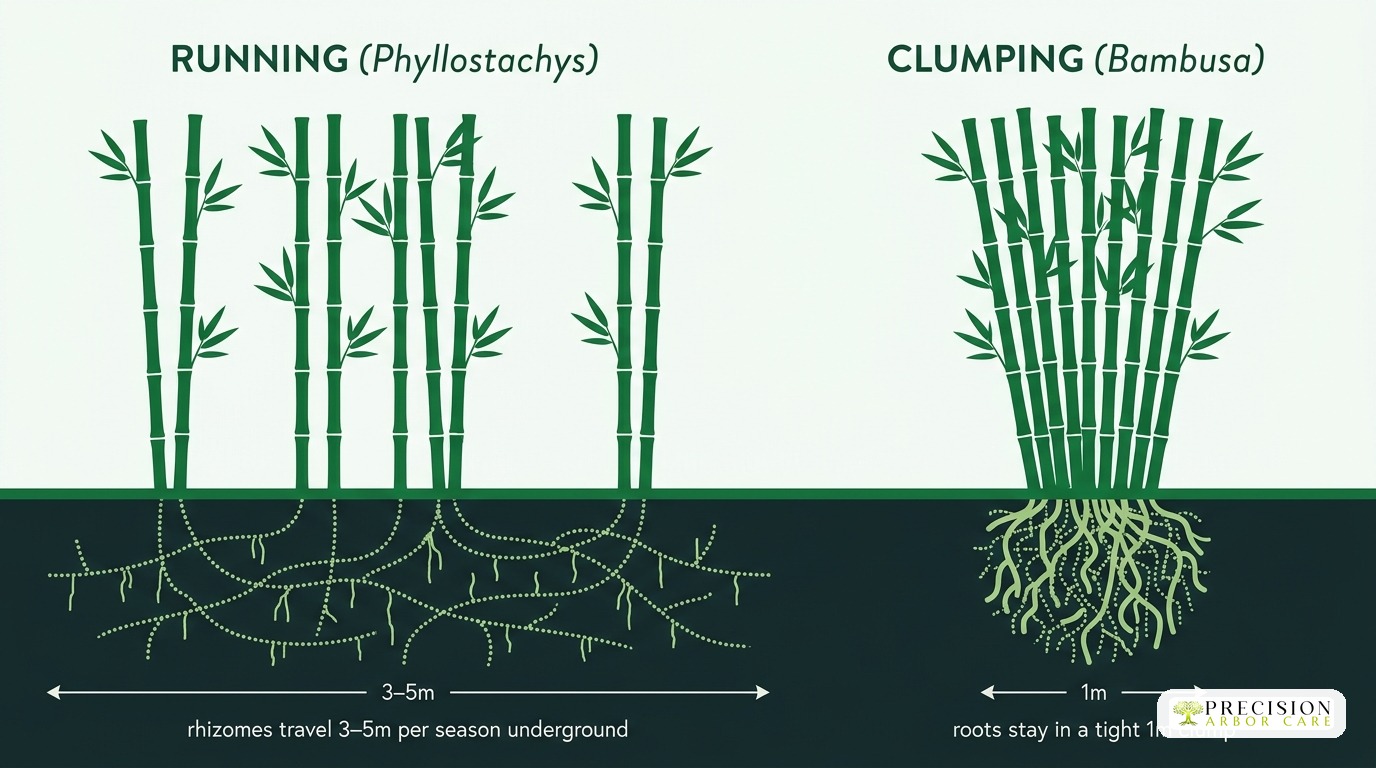 Running vs clumping bamboo root spread Precision Arbor Care infographic — bamboo removal cost Melbourne (image 2, Melbourne)
