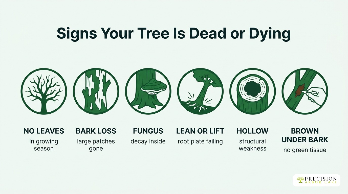 Six signs your tree is dead or dying: no leaves, bark loss, fungus, lean, hollow, brown under bark