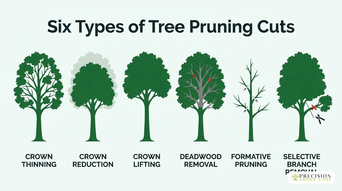 Six types of tree pruning cuts Precision Arbor Care infographic — six types of tree pruning cuts: crown thinning, crown reduction, crown lifting, deadwood removal, formative pruning, selective branch removal