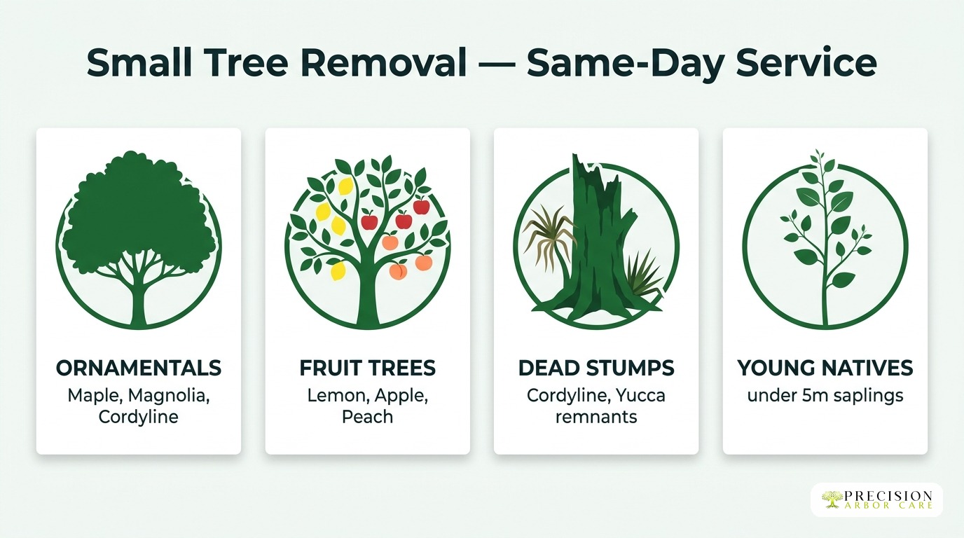 Common small tree removal scenarios: ornamentals, fruit trees, dead stumps, young natives