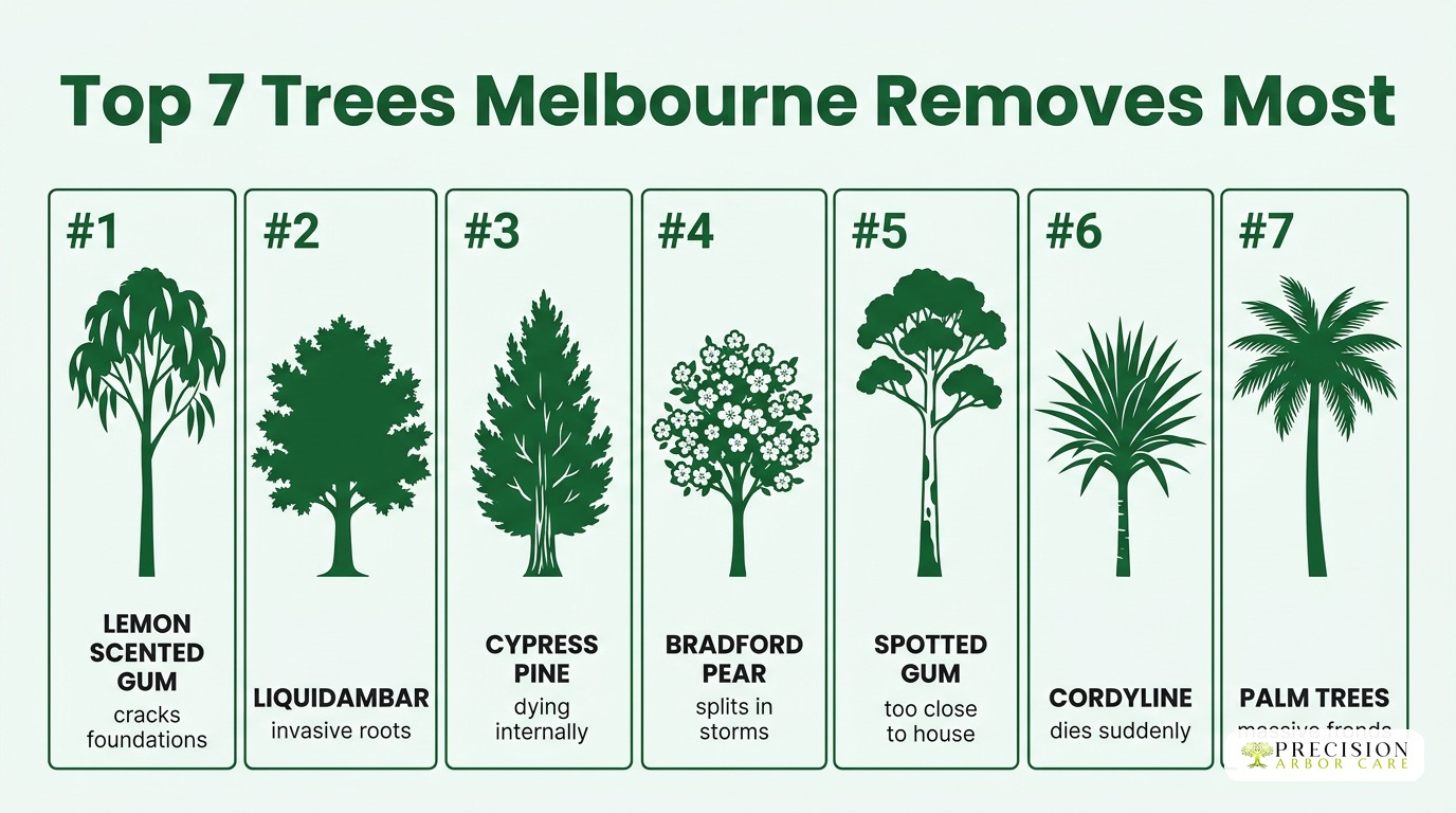 Top 7 trees Melbourne homeowners remove most: Lemon Scented Gum, Liquidambar, Cypress Pine, Bradford Pear, Spotted Gum, Cordyline, Palms
