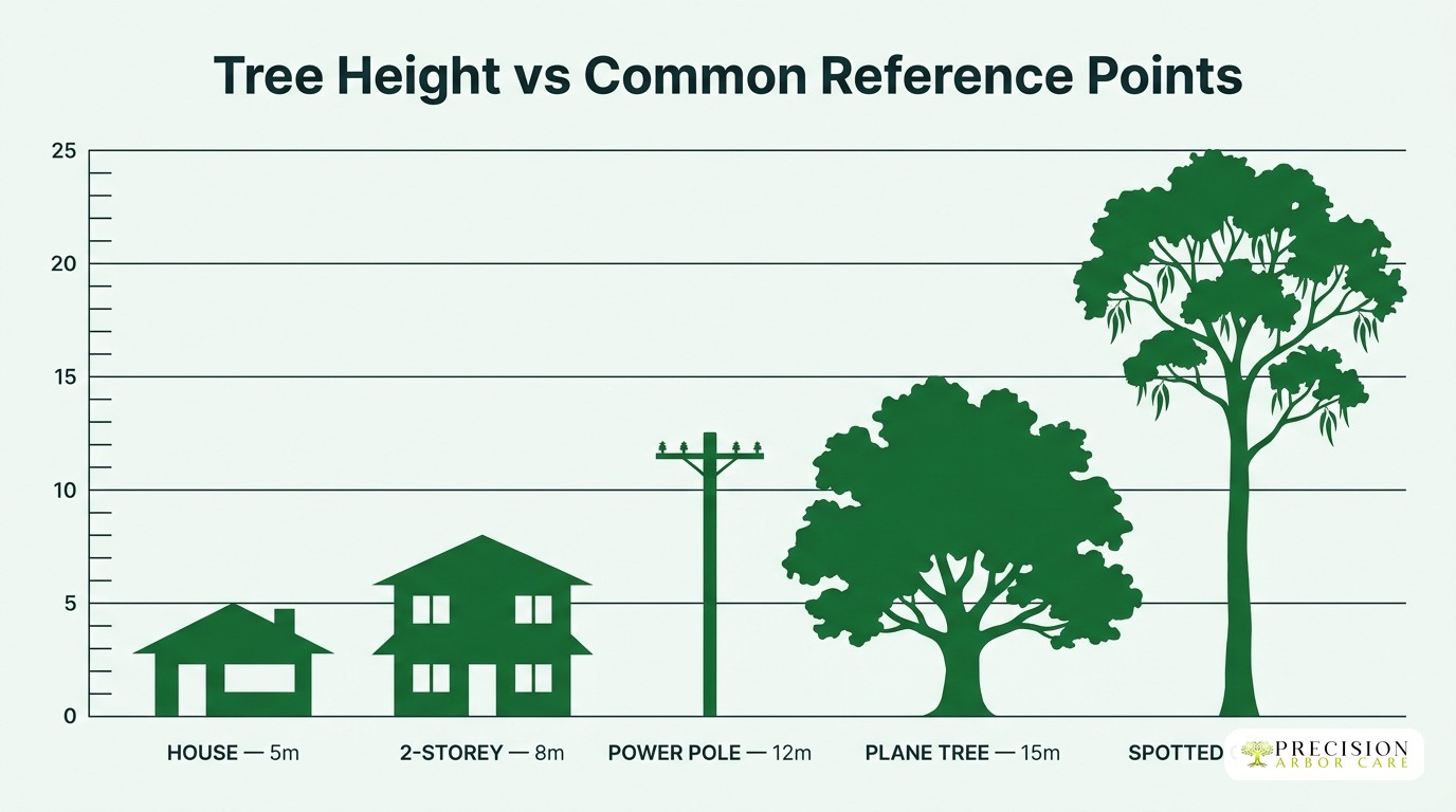 Tree height comparison: house at 5m, 2-storey at 8m, power pole at 12m, Plane Tree at 15m, Spotted Gum at 25m