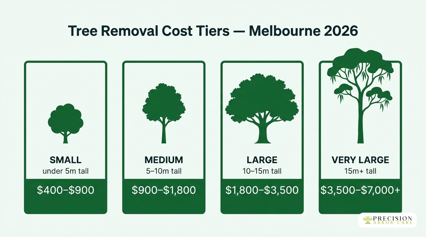 Tree removal cost tiers Melbourne 2026 — small under 5m at $400-$900, medium 5-10m at $900-$1,800, large 10-15m at $1,800-$3,500, very large 15m+ at $3,500-$7,000+