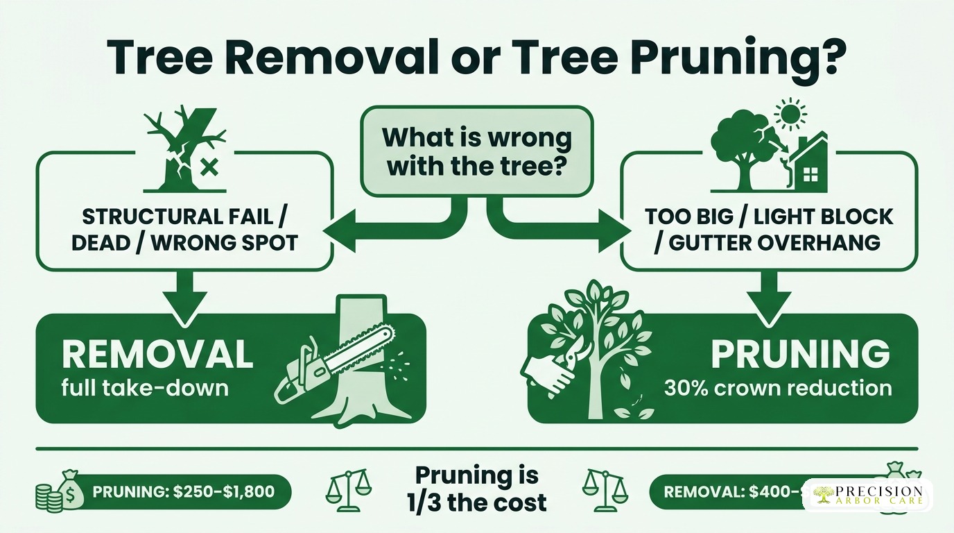 Tree removal or tree pruning decision flowchart: removal for structural fail, pruning for too big
