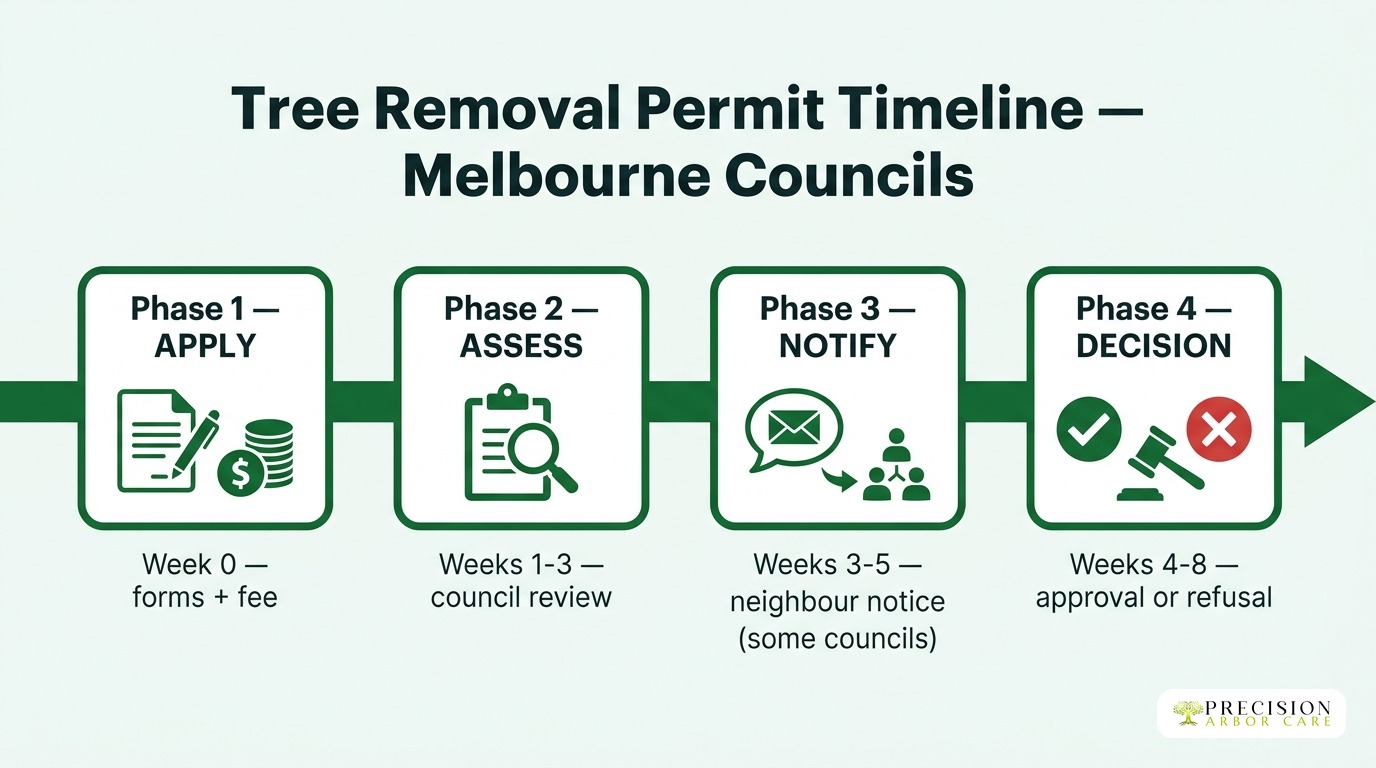 Tree removal permit timeline: apply, assess, notify, decision (4-8 weeks)