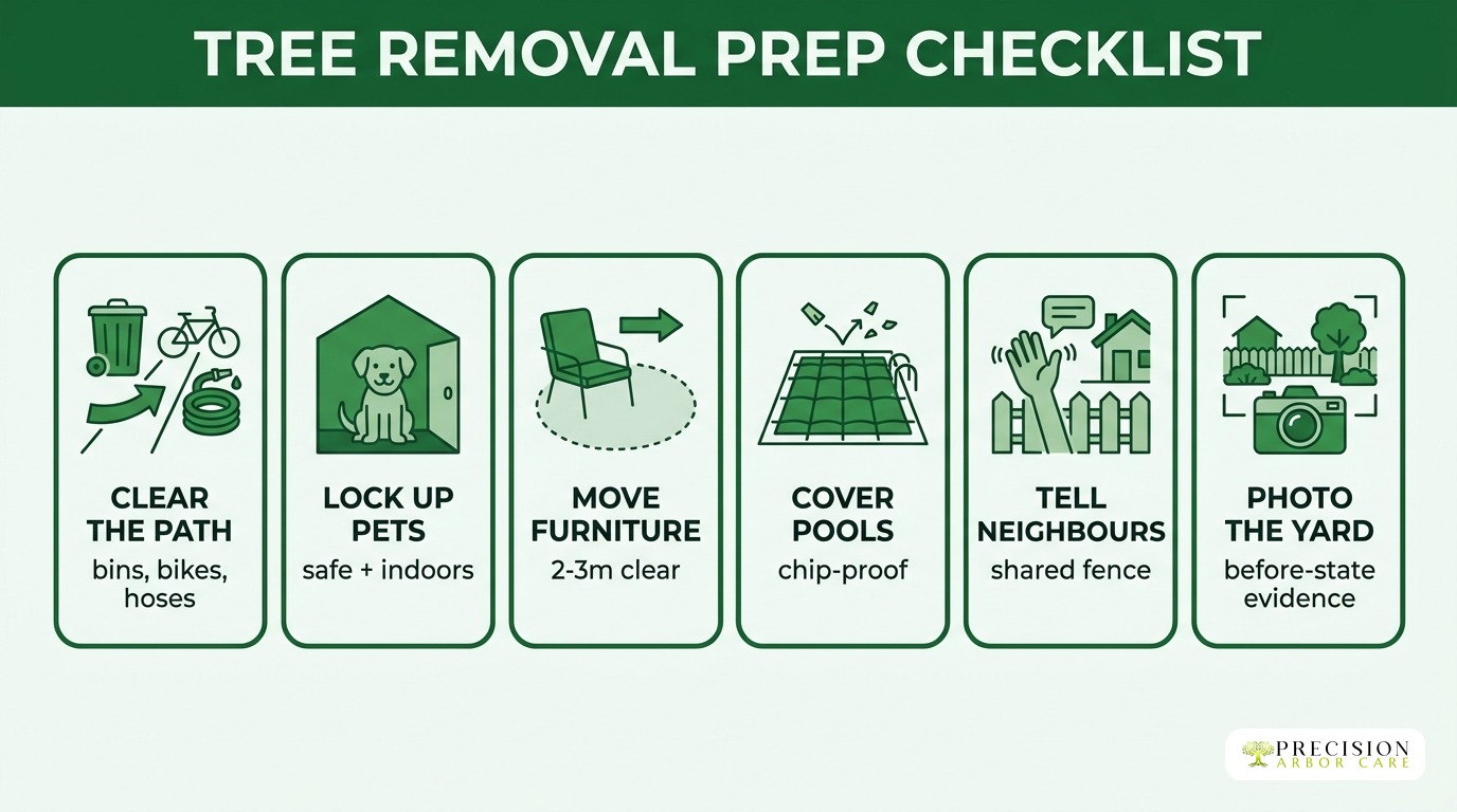 Tree removal prep checklist Melbourne: clear path, lock up pets, move furniture, cover pools, tell neighbours, photo the yard