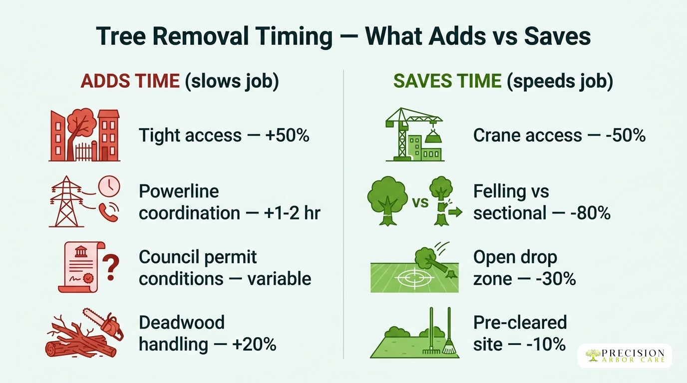 Comparison of tree removal timing options showing adds vs saves time.