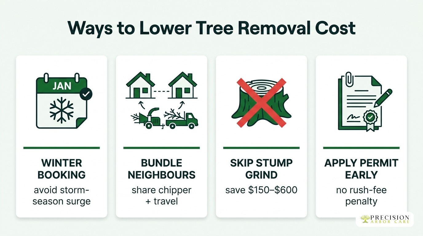 Four ways to lower tree removal cost: winter booking, bundle neighbours, skip stump grind, apply permit early