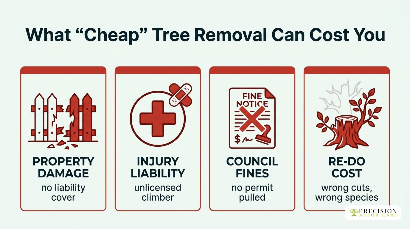 What 'cheap' tree removal can really cost you: property damage, injury liability, council fines, re-do cost