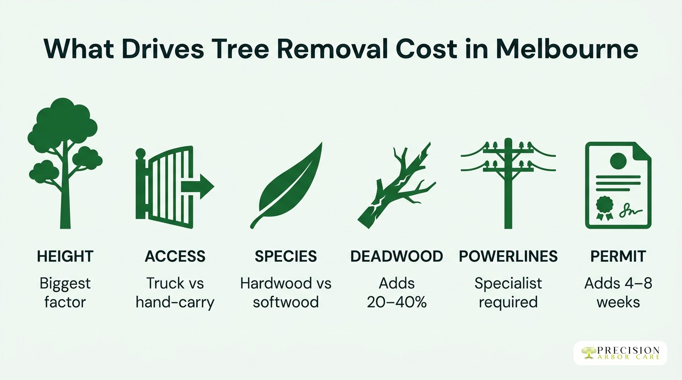 Six factors that drive tree removal cost in Melbourne: height, access, species, deadwood, powerlines, permit requirements
