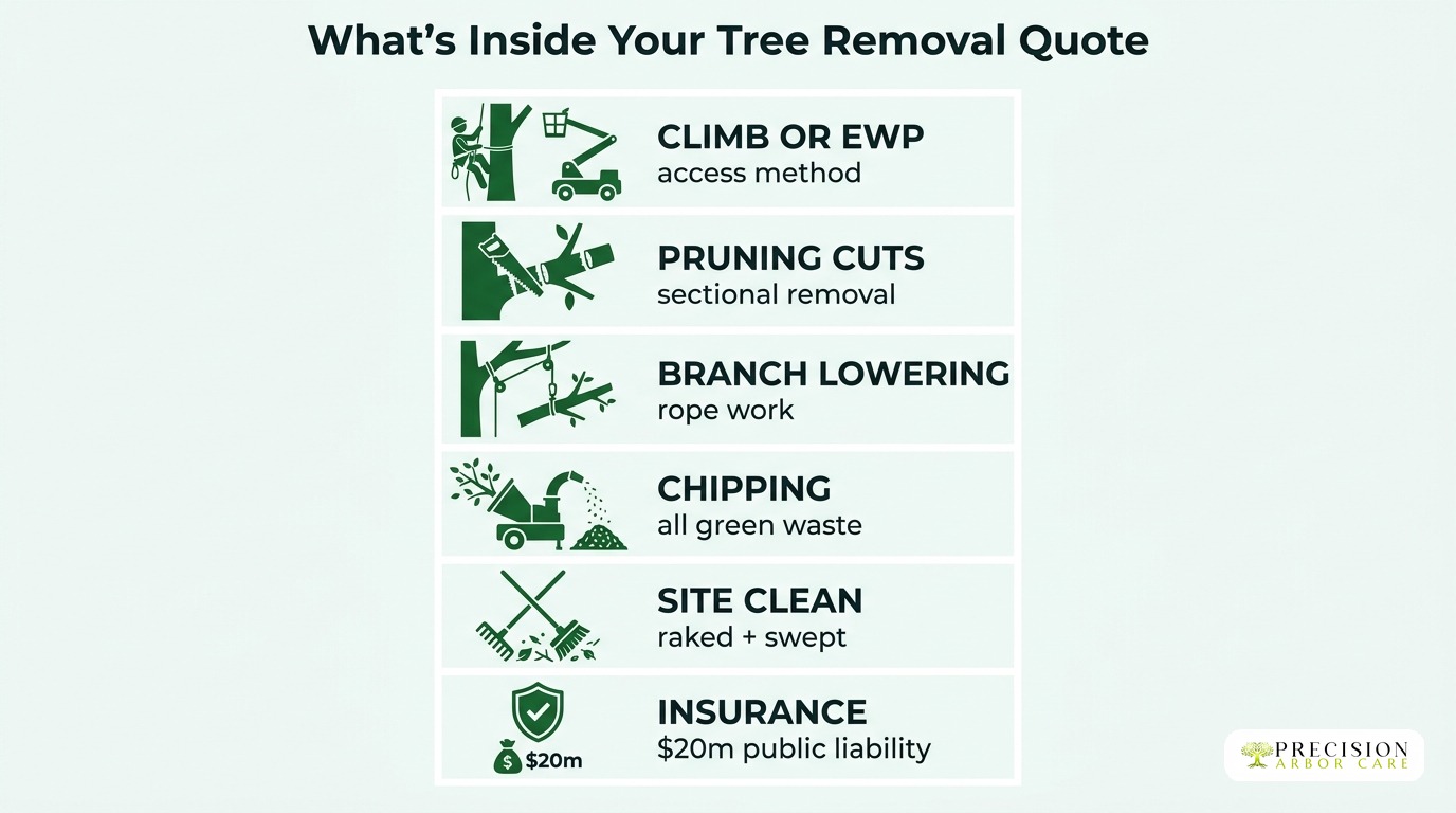 What's inside your tree removal quote: climb or EWP, pruning cuts, branch lowering, chipping, site clean, insurance