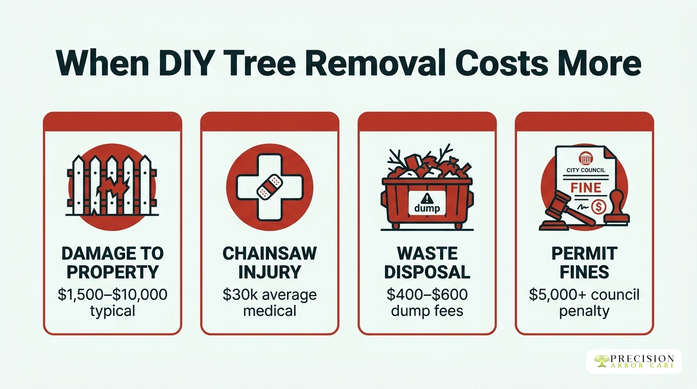 When DIY tree removal costs more than hiring — property damage, chainsaw injury, waste disposal, permit fines