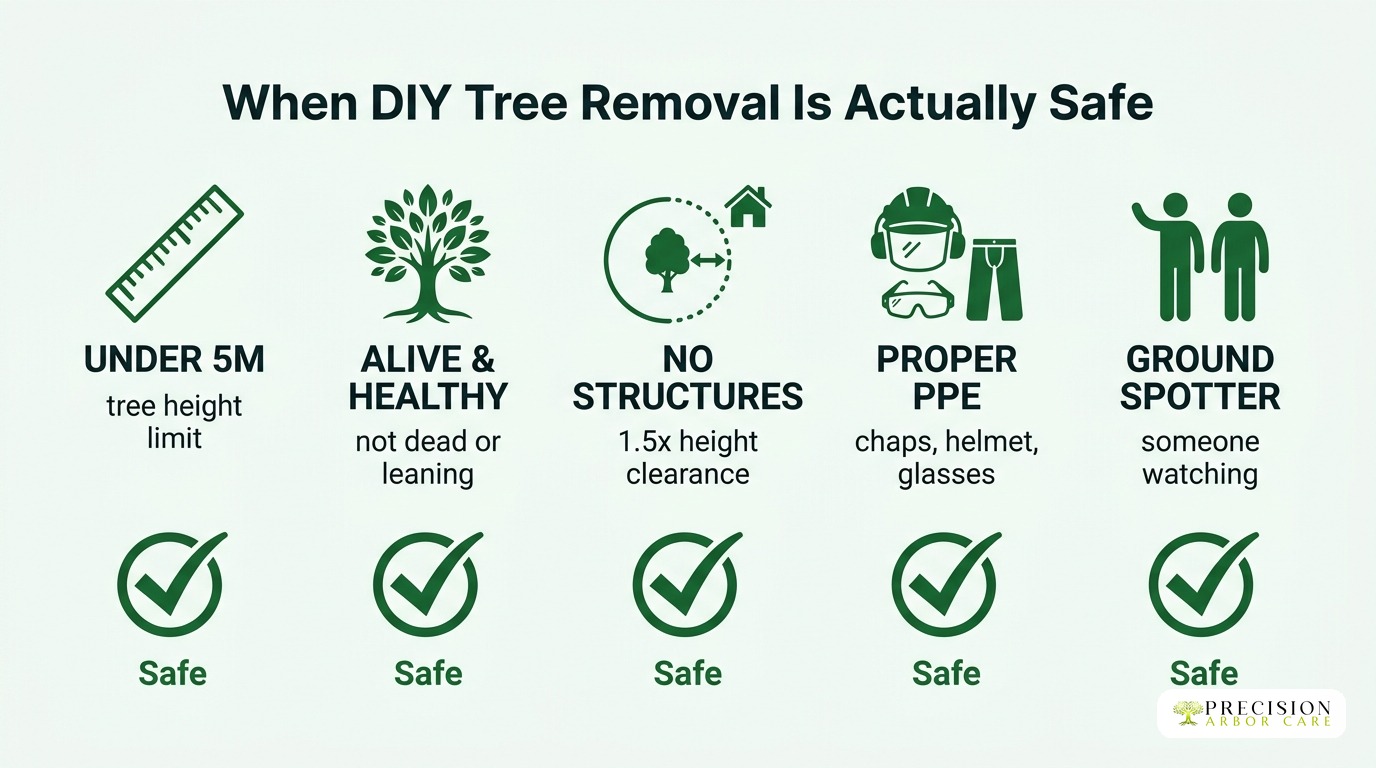When DIY tree removal is actually safe — under 5m, alive and healthy, no structures, proper PPE, ground spotter