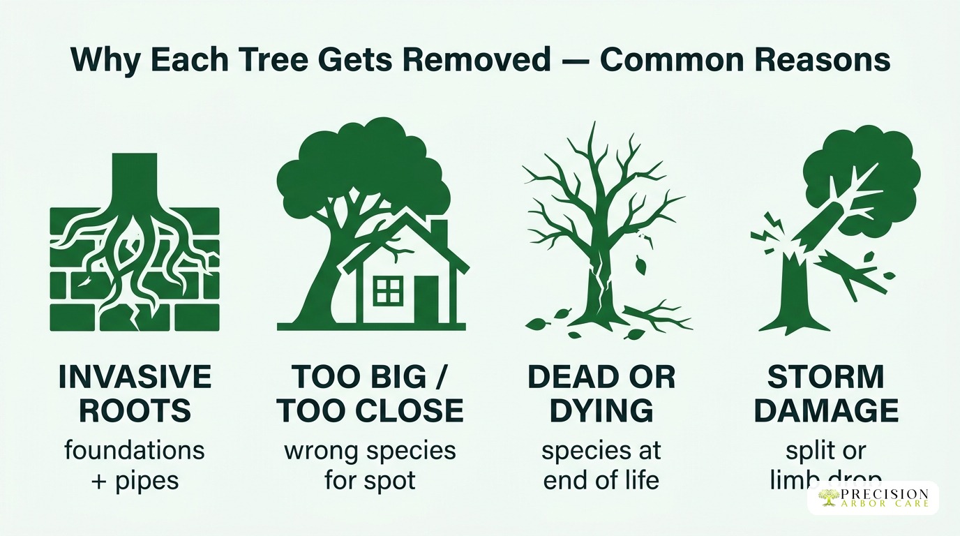 Why each tree gets removed: invasive roots, too big too close, dead or dying, storm damage