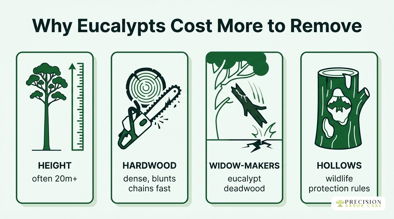 Factors influencing tree removal costs including height, hardwood type, widow-makers, and hollows in.