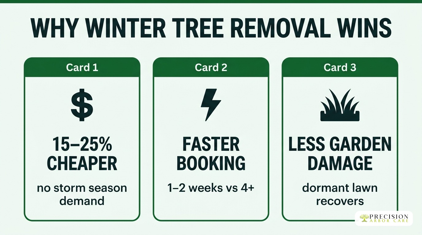 Why winter tree removal wins — 15-25% cheaper, faster booking, less garden damage